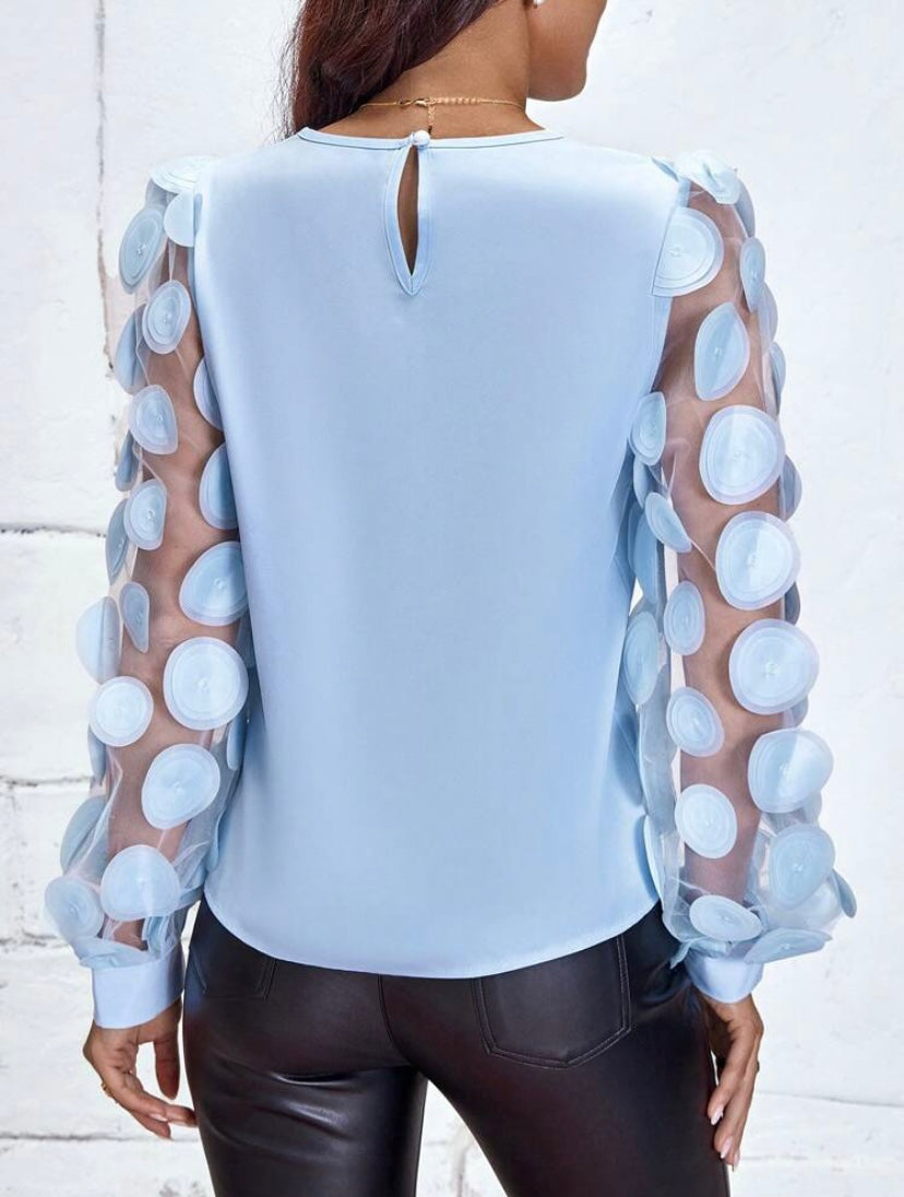 CM-TS207023 Women Casual Seoul Style Contrast Mesh Appliques Lantern Sleeve Blouse - Blue