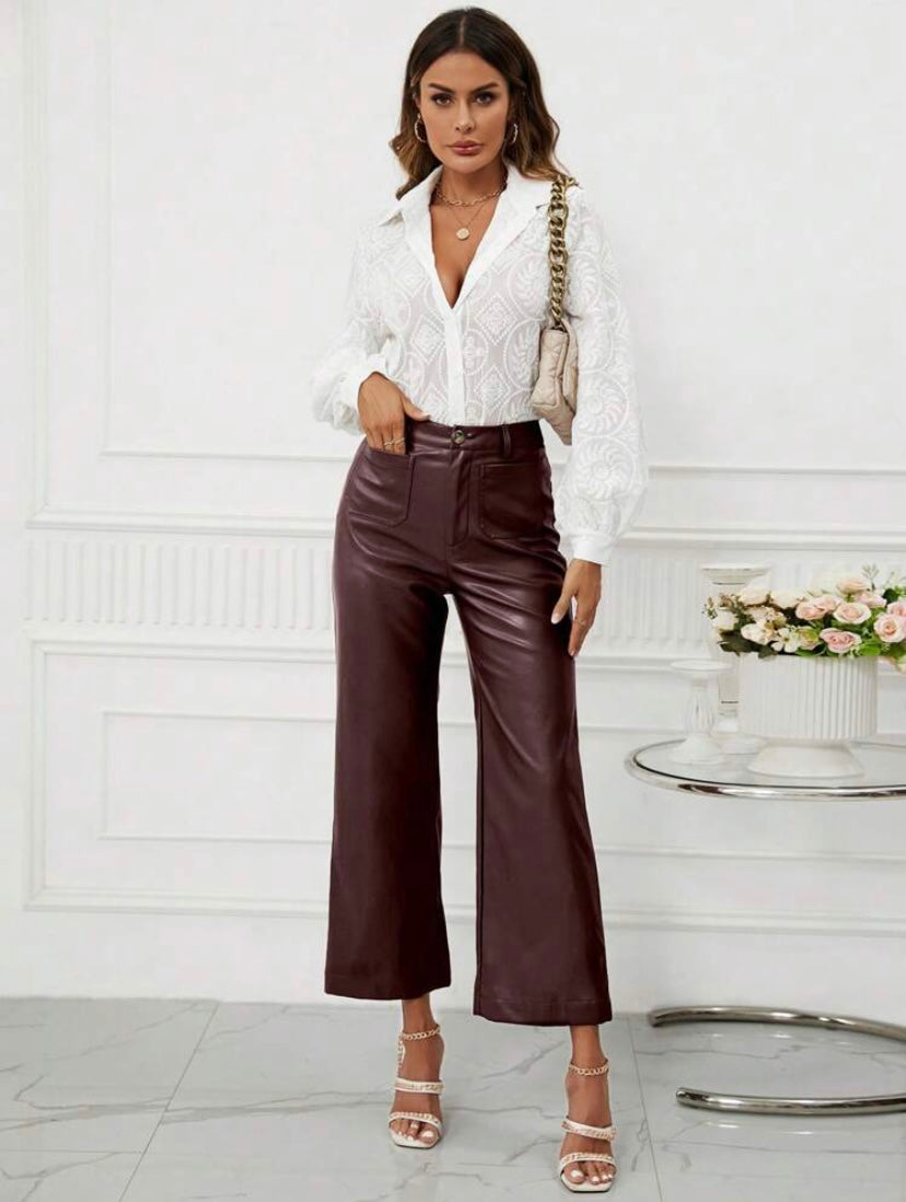 CM-BS596223 Women Casual Seoul Style High Waist PU Leather Wide Leg Pants - Chocolate Brown