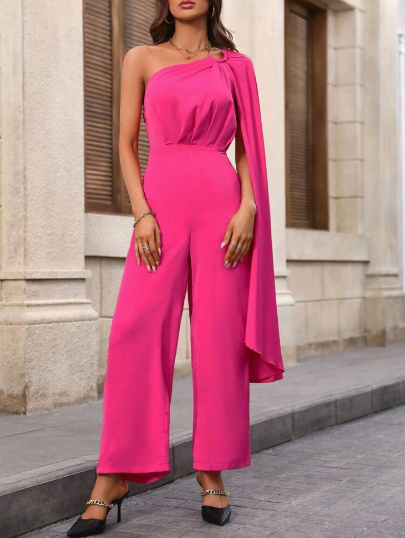 CM-JS749476 Women Elegant Seoul Style One Shoulder Cloak Sleeve Jumpsuit - Hot Pink