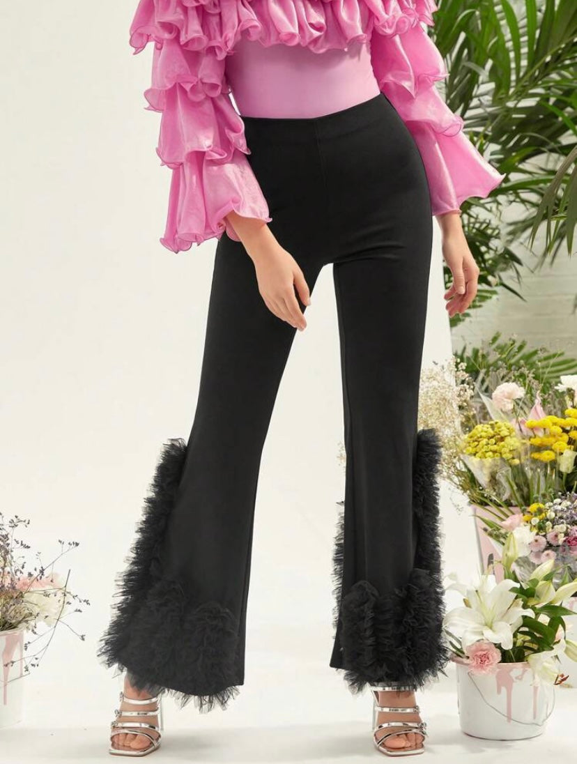 CM-BS234157 Women Elegant Seoul Style Contrast Mesh Flare Leg Pants - Black