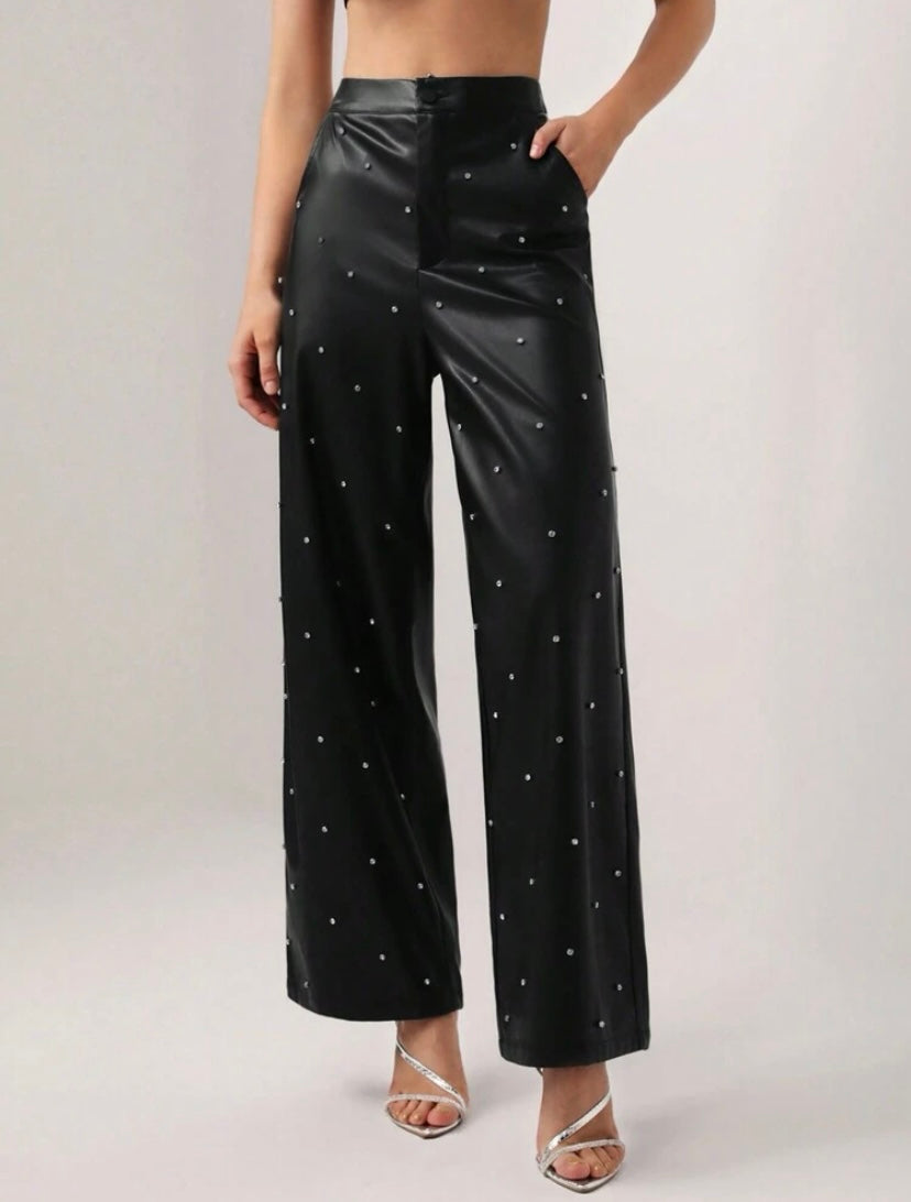 CM-BS985508 Women Elegant Seoul Style Rhinestone Detail Wide Leg Pants - Black