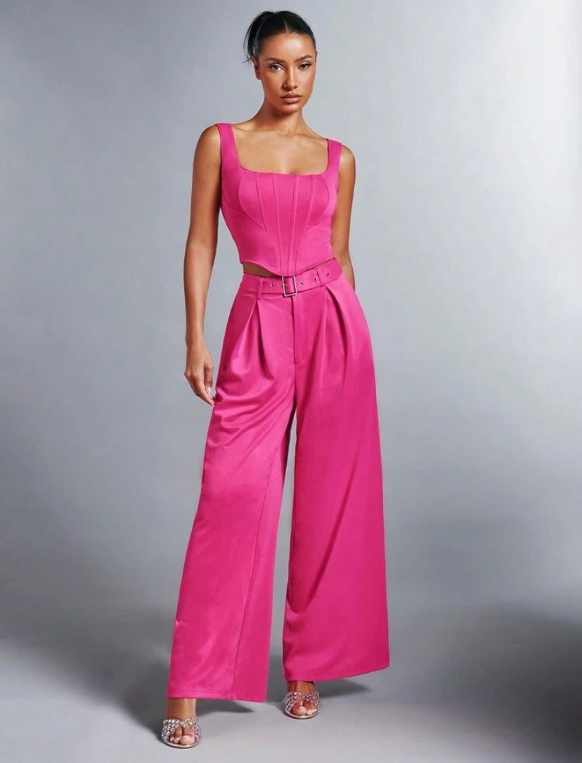 CM-BS377138 Women Elegant Seoul Style Fold Pleated Detail Wide Leg Pants - Hot Pink