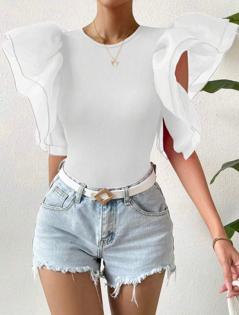 CM-TS317487 Women Casual Seoul Style Contrast Mesh Butterfly Sleeve Bodysuit - White