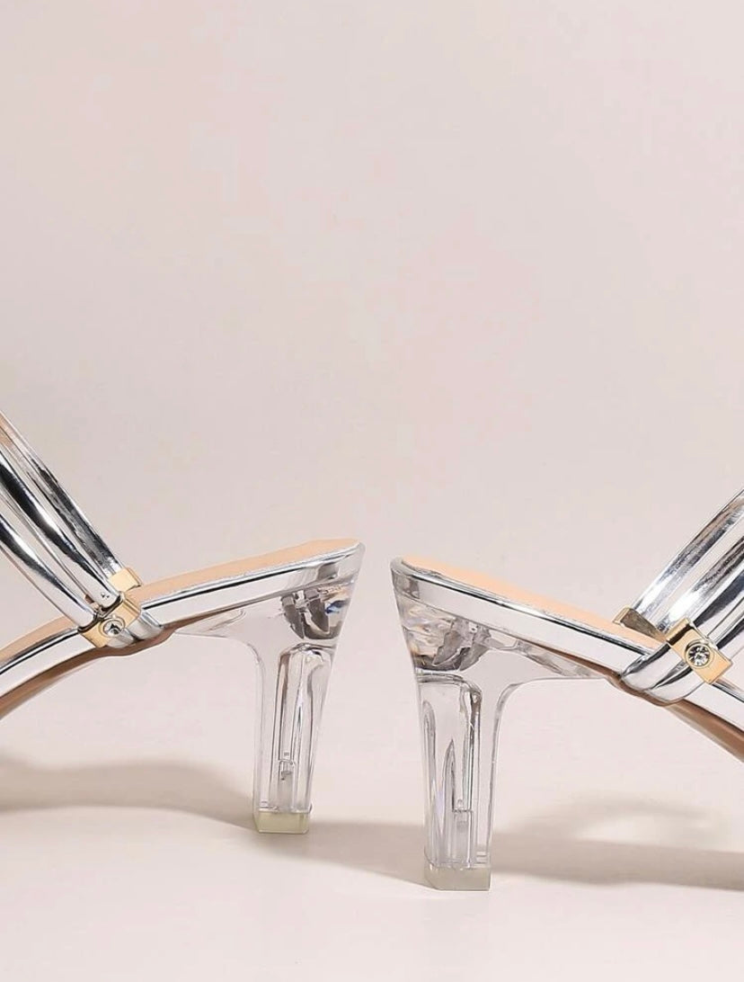 CM-SHS231717 Women Trendy Seoul Style Rhinestone Chunky Heeled Slide Sandals - Silver