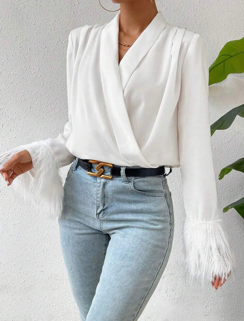 CM-TS554145 Women Elegant Seoul Style V-Neck Solid Fringe Cuff Wrap Blouse - White