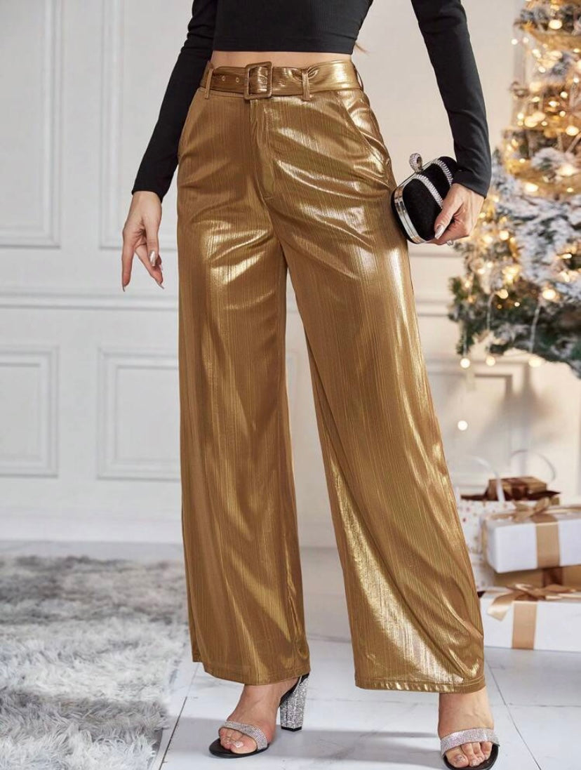 CM-BS988813 Women Elegant Seoul Style High Waist Belted Metallic Wide Leg Pants - Gold