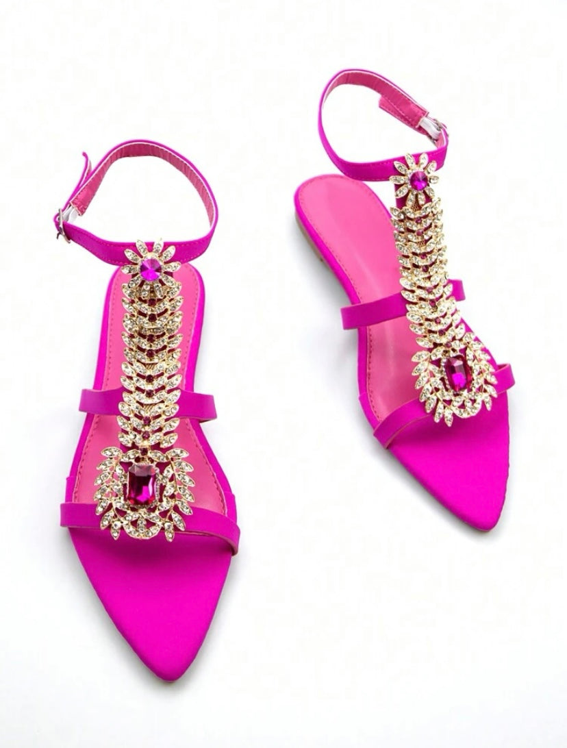 CM-SHS388718 Women Elegant Seoul Style Rhinestone Chain Buckle Slingback Flat Sandals - Hot Pink