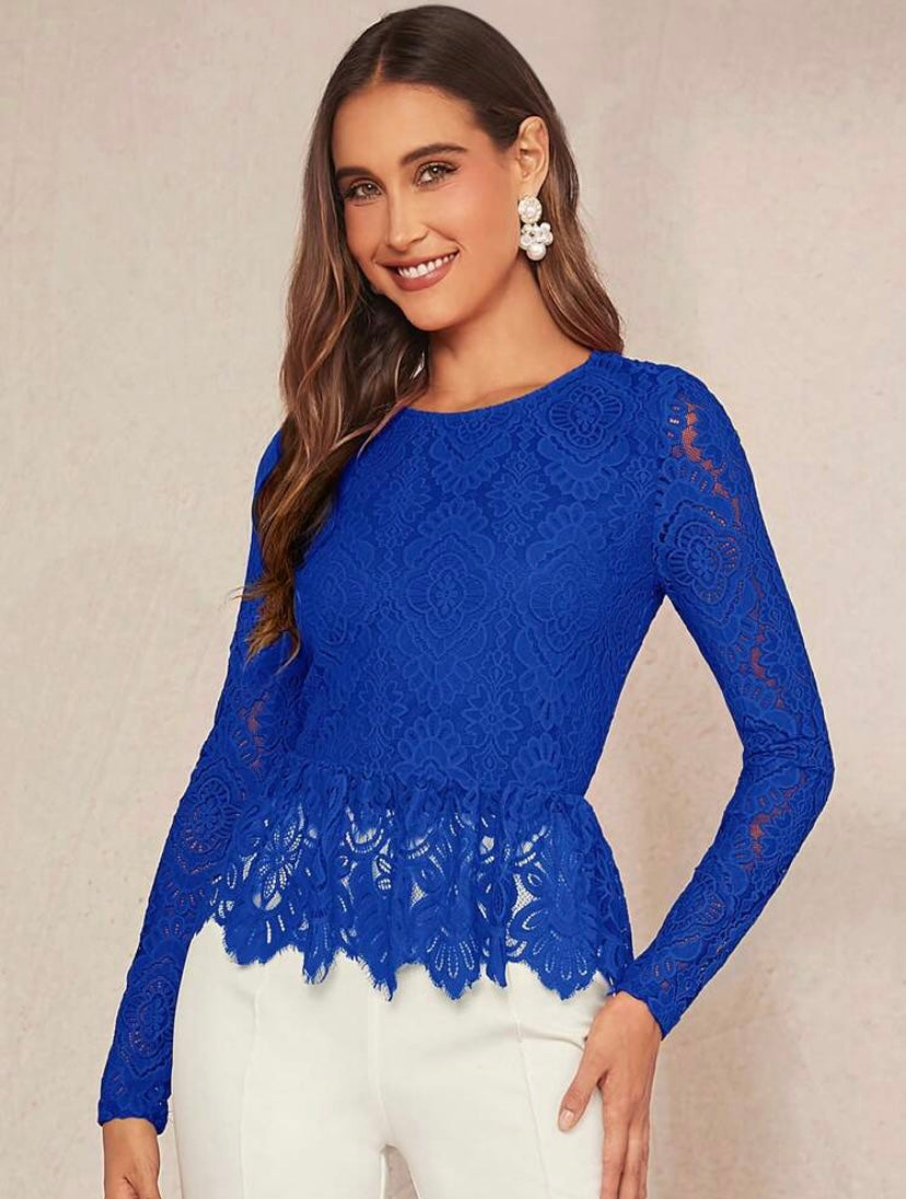 CM-TS542808 Women Elegant Seoul Style Solid Guipure Lace Peplum Blouse - Royal Blue