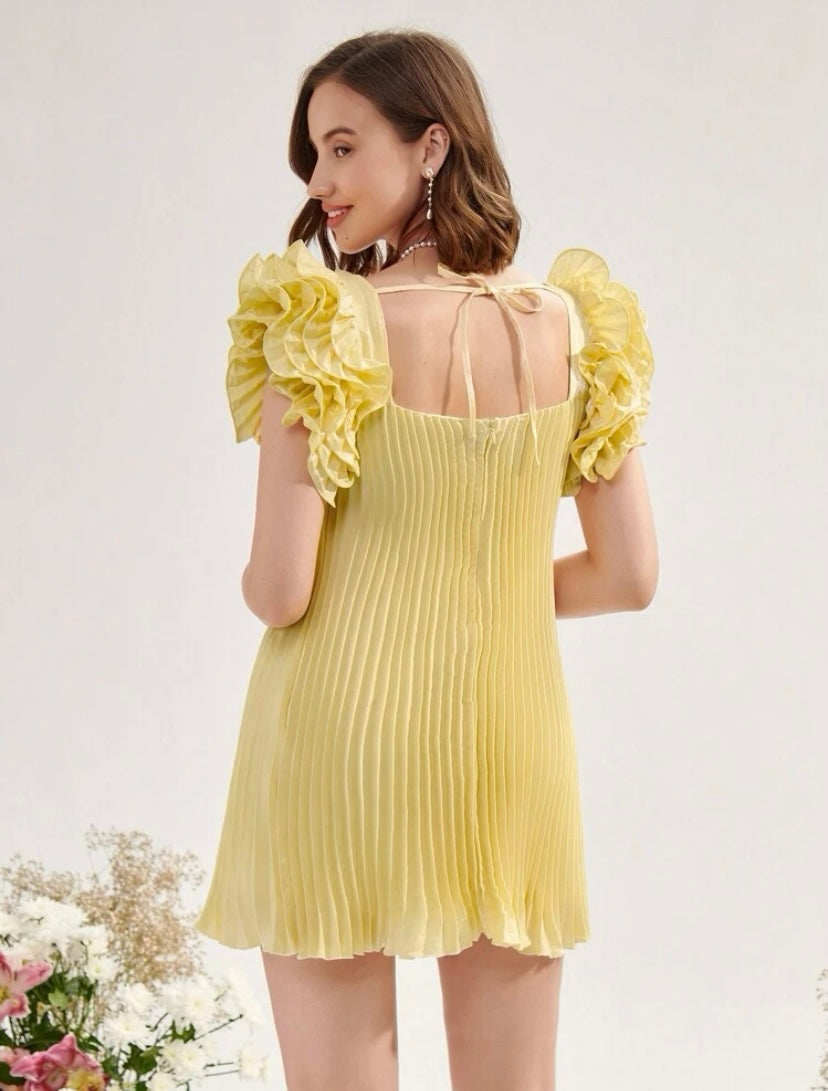 CM-DS949574 Women Elegant Seoul Style Pleated Detail Ruffle Trim Plisse Dress - Yellow