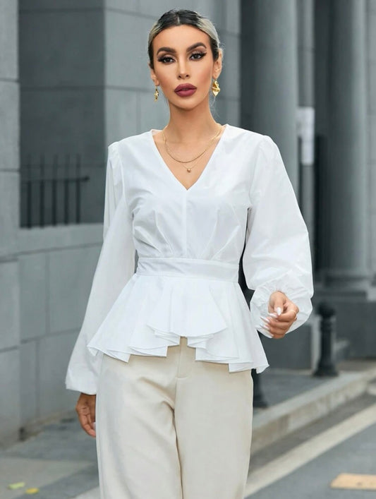 CM-TS250676 Women Elegant Seoul Style Lantern Sleeve Shirt With Ruffle Hem - White