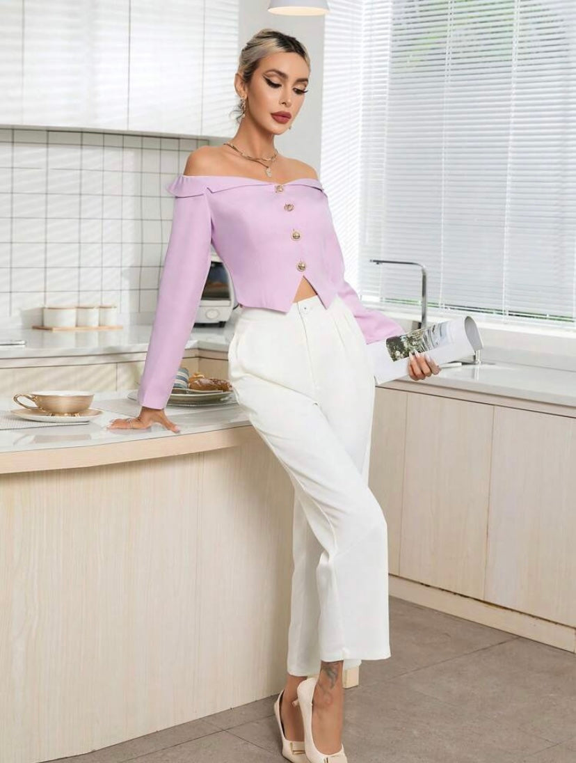 CM-TS112716 Women Elegant Seoul Style Off Shoulder Button Front Crop Blouse