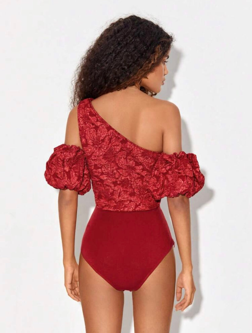 CM-TS749424 Women Elegant Seoul Style Asymmetrical Neck Puff Sleeve Jacquard Bodysuit