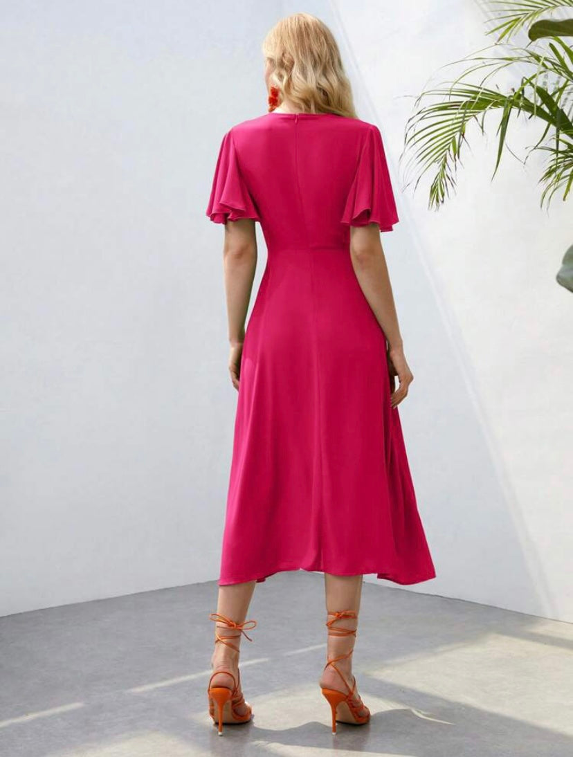 CM-DS383305 Women Elegant Seoul Style Butterfly Sleeve Button Front A-Line Dress - Hot Pink