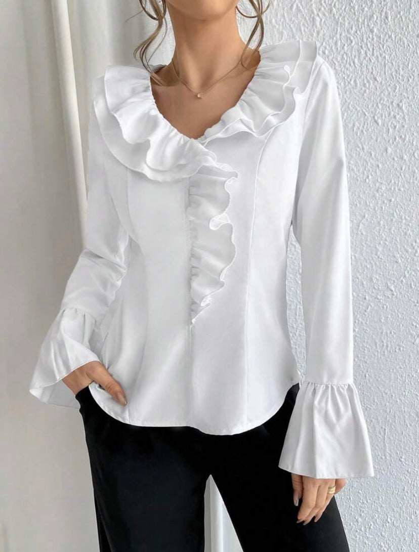 CM-TS315277 Women Casual Seoul Style Ruffle Trim Flounce Sleeve Blouse - White