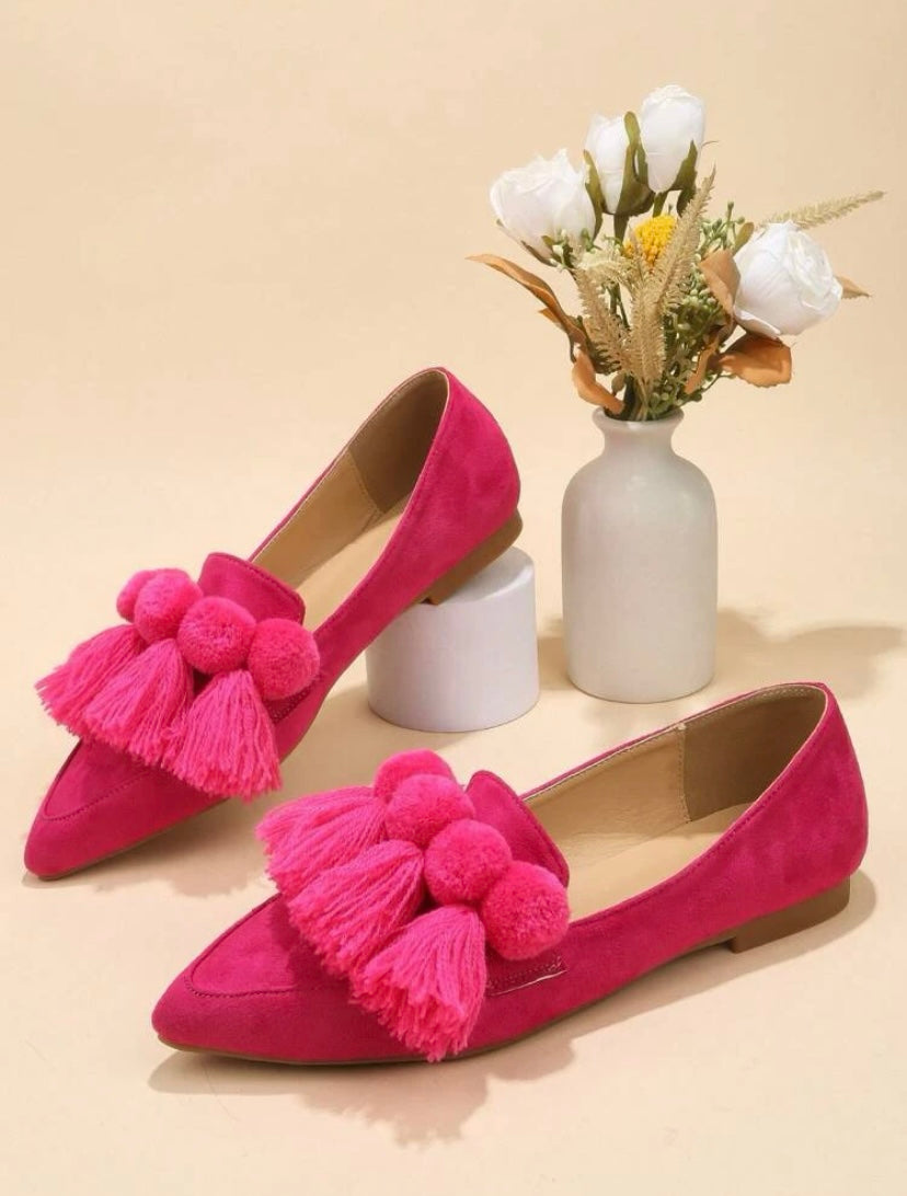 CM-SHS186344 Women Trendy Seoul Style Pom Pom And Tassel Point Toe Faux Suede Flat Loafers
