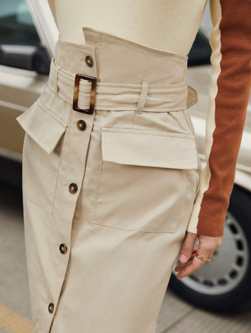 CM-BS030400 Women Casual Seoul Style Flap Pocket Button Front Belted Skirt - Khaki