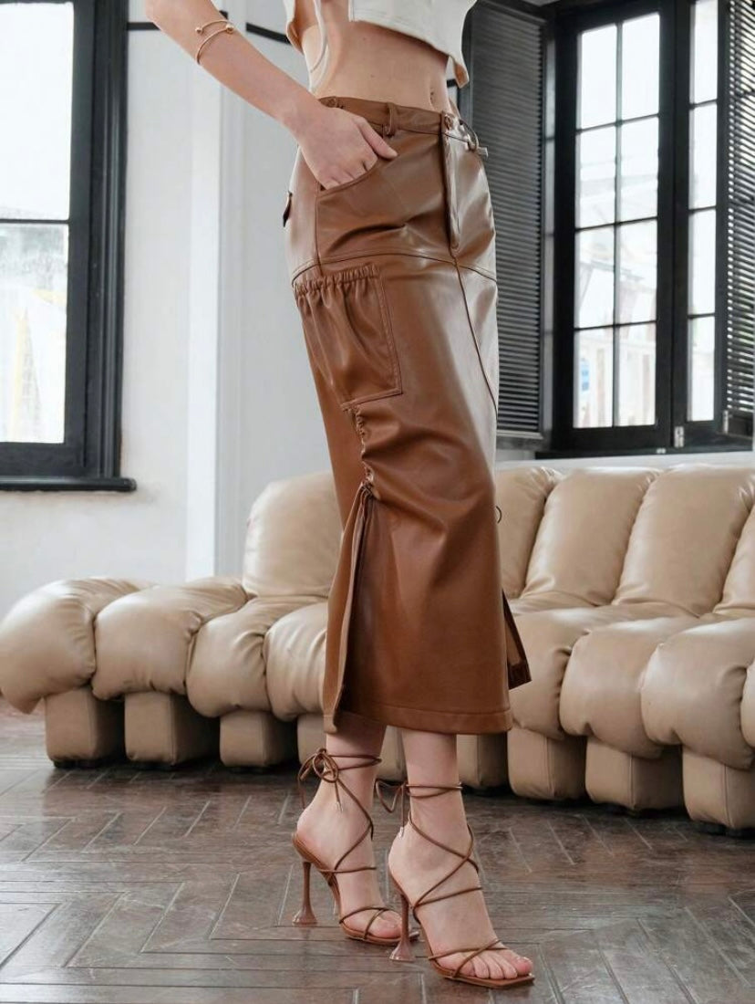 CM-BS375550 Women Elegant Seoul Style Split Hem PU Leather Midi Skirt - Brown