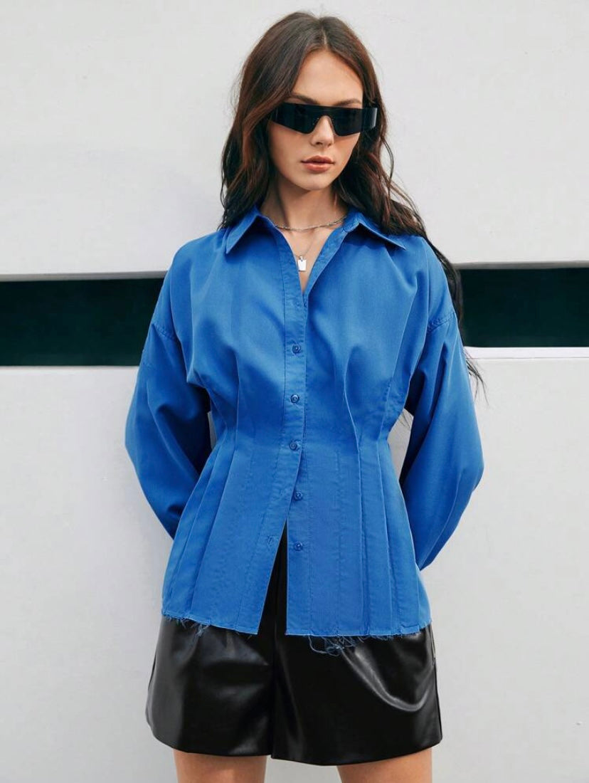 CM-TS002025 Women Elegant Seoul Style Long Sleeve Blouse With Lapel - Blue