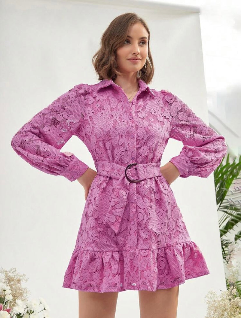 CM-DS410010 Women Elegant Seoul Style Floral Jacquard Ruffle Hem Belted Shirt Dress - Pink