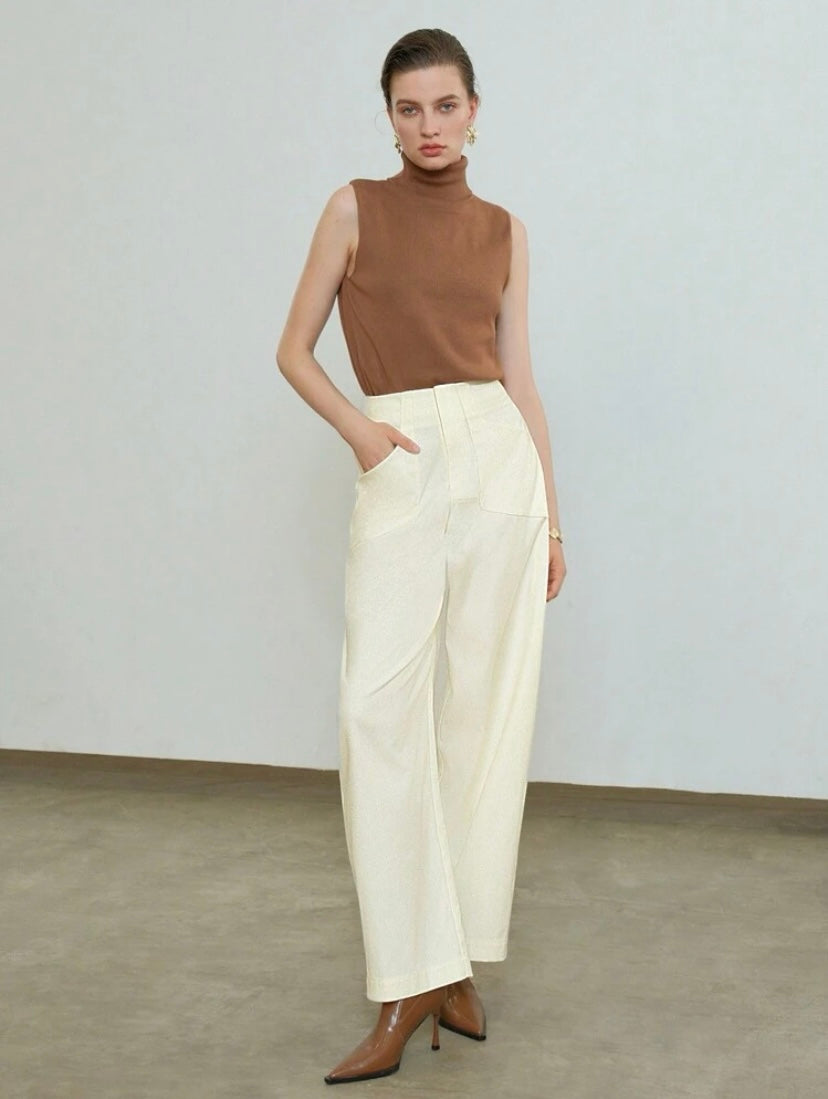 CM-BS819303 Women Casual Seoul Style Slant Pocket Straight Leg Pants - White