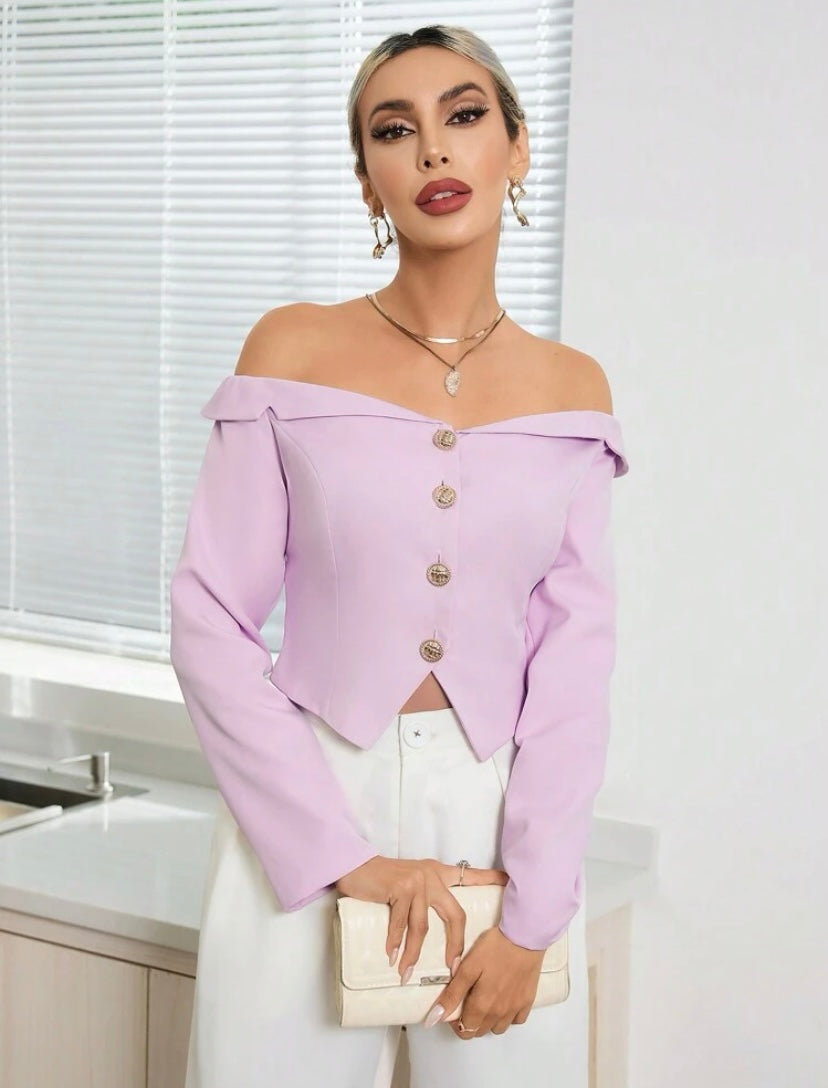 CM-TS112716 Women Elegant Seoul Style Off Shoulder Button Front Crop Blouse