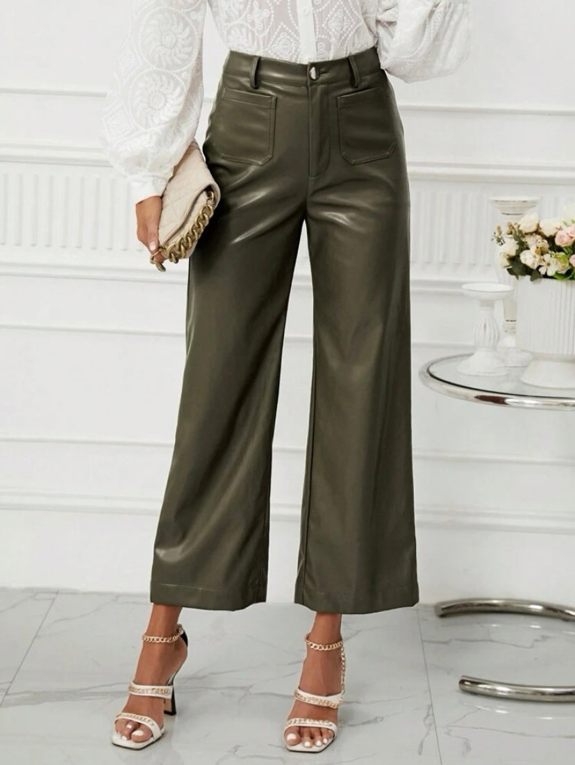 CM-BS513285 Women Casual Seoul Style High Waist PU Leather Wide Leg Pants - Army Green