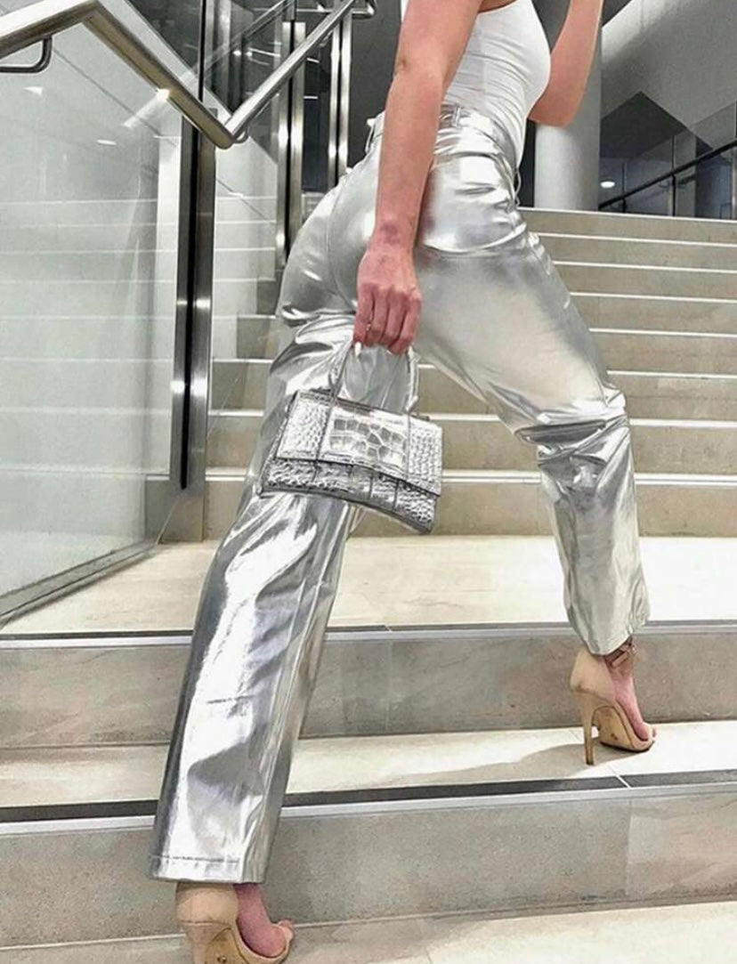 CM-BS625531 Women Elegant Seoul Style Shiny Straight Leg Trousers - Silver