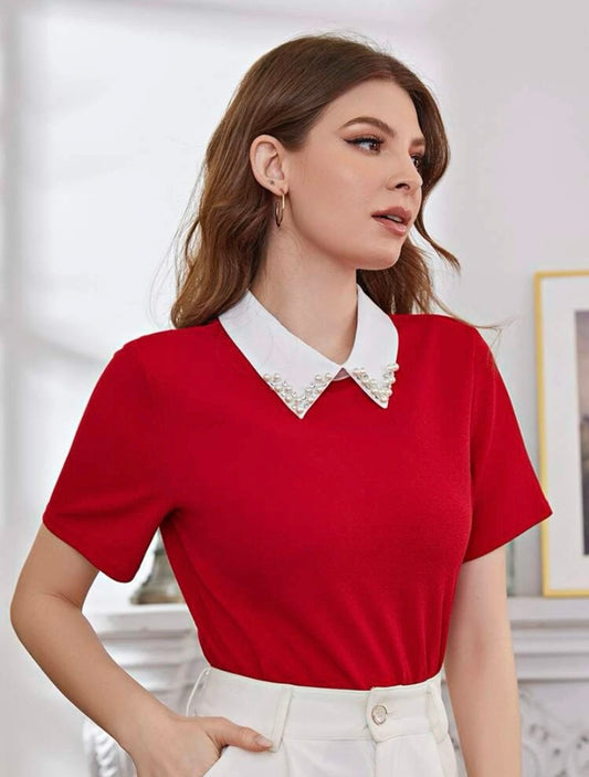CM-TS683343 Women Casual Seoul Style Contrast Collar Rhinestone Pearls Beaded Blouse - Red
