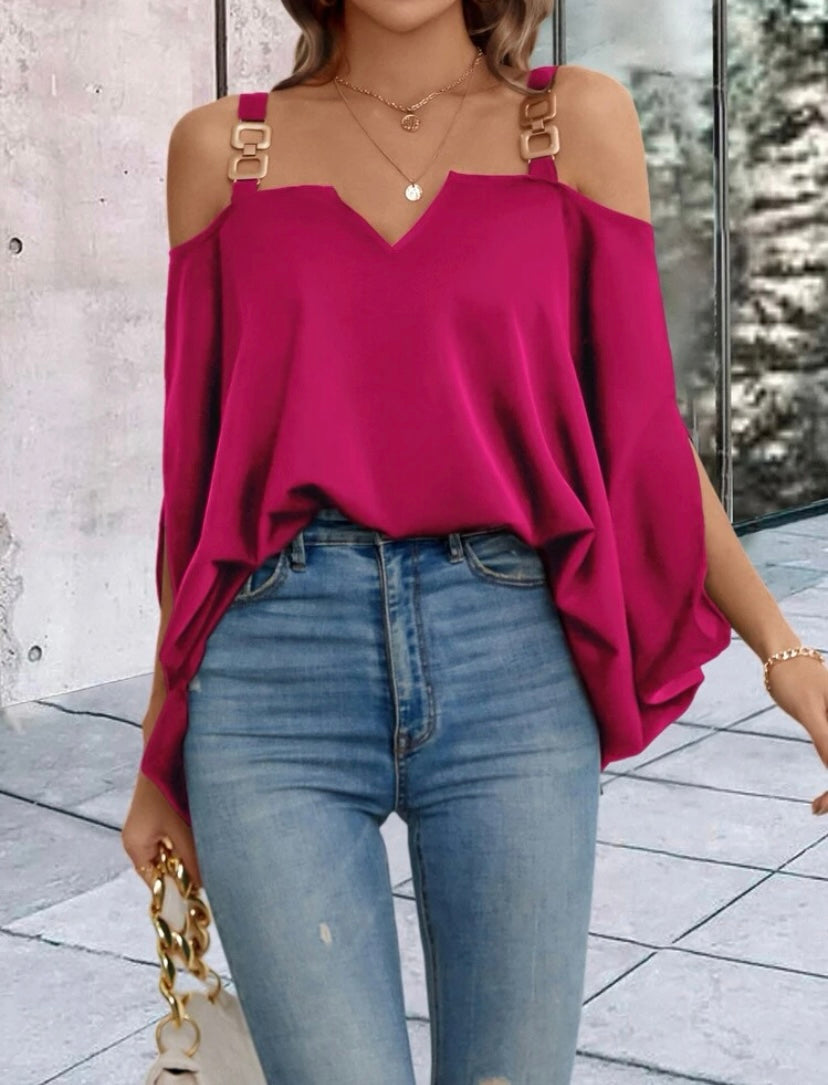 CM-TS289681 Women Casual Seoul Style Solid Chain Detail Cold Shoulder Dolman Sleeve Blouse