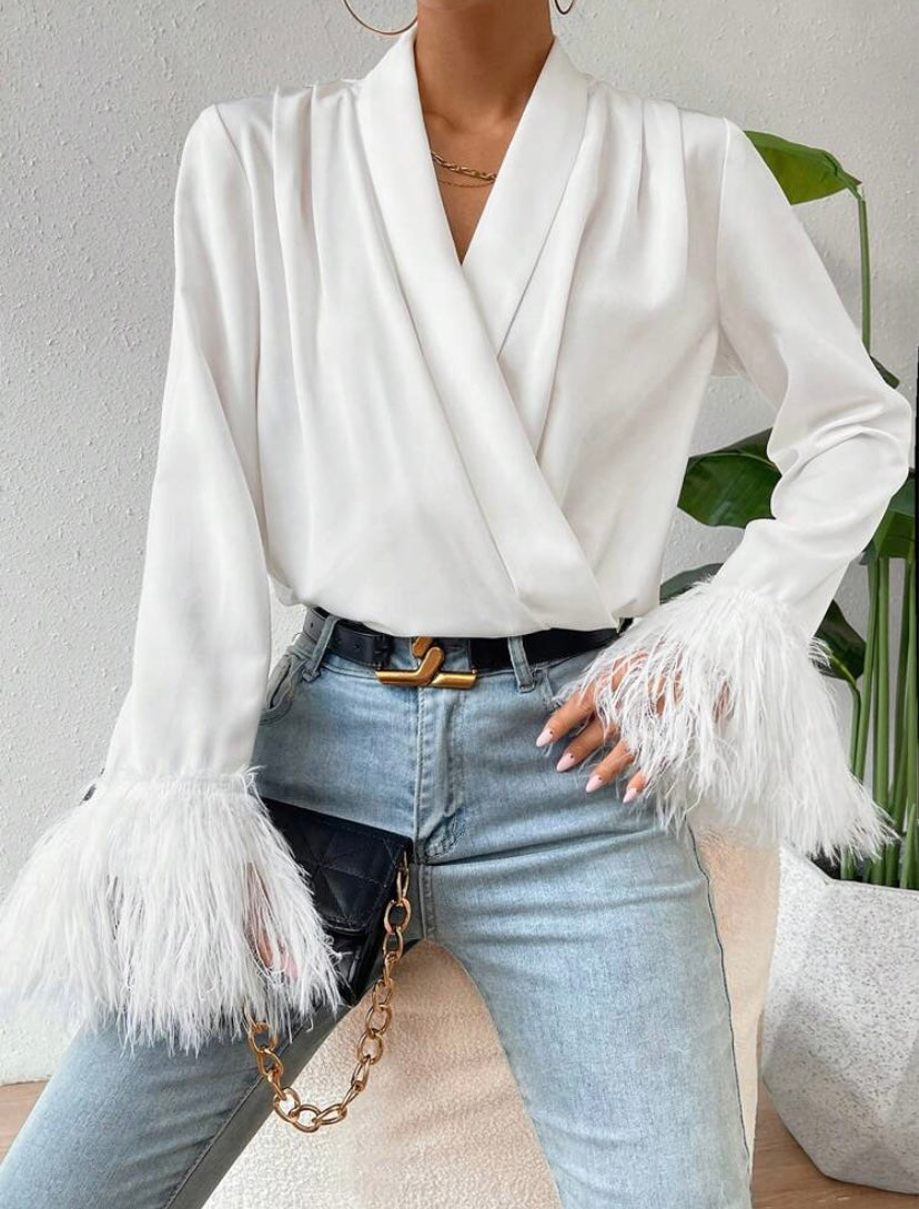 CM-TS554145 Women Elegant Seoul Style V-Neck Solid Fringe Cuff Wrap Blouse - White