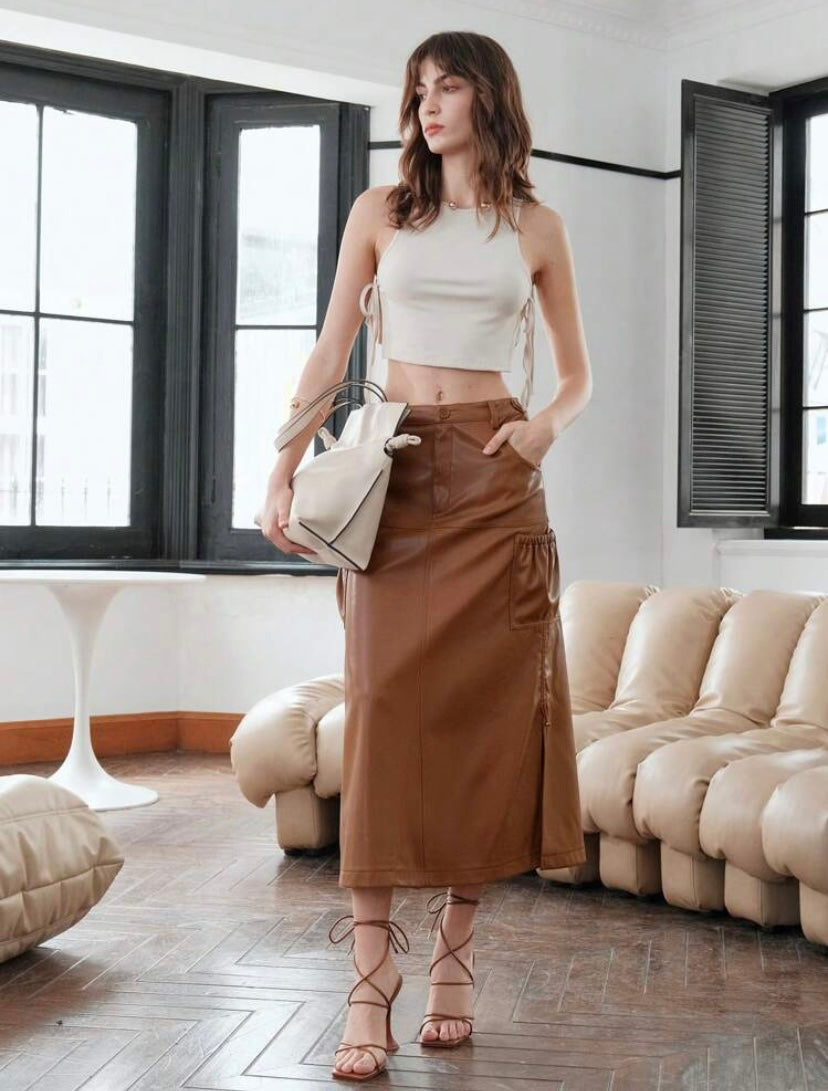 CM-BS375550 Women Elegant Seoul Style Split Hem PU Leather Midi Skirt - Brown