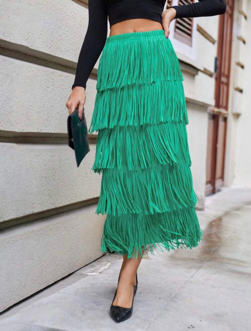 CM-BS960429 Women Elegant Seoul Style Solid Layered Fringe Trim Skirt - Green