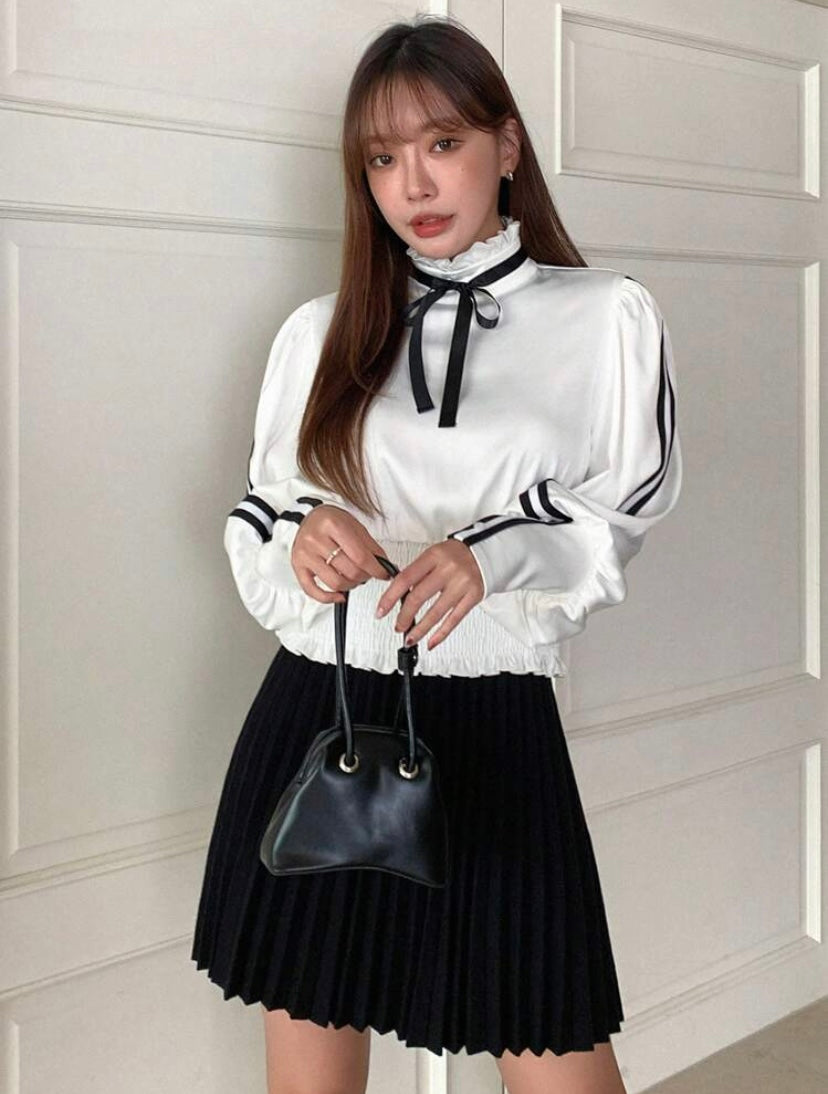 CM-TS324533 Women Elegant Seoul Style Frill Trim Tie Neck Lantern Sleeve Blouse - White