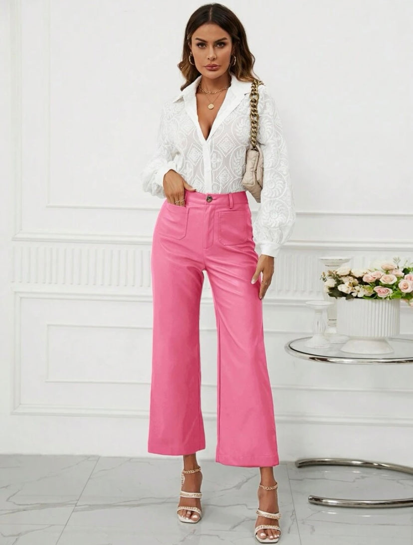 CM-BS550404 Women Casual Seoul Style High Waist PU Leather Wide Leg Pants - Hot Pink