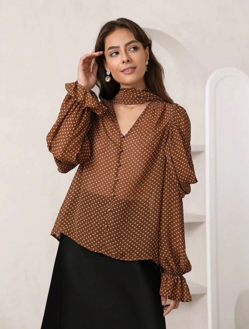 CM-TS400486 Women Elegant Seoul Style Polka Dot Print Choker Neck Flounce Sleeve Blouse