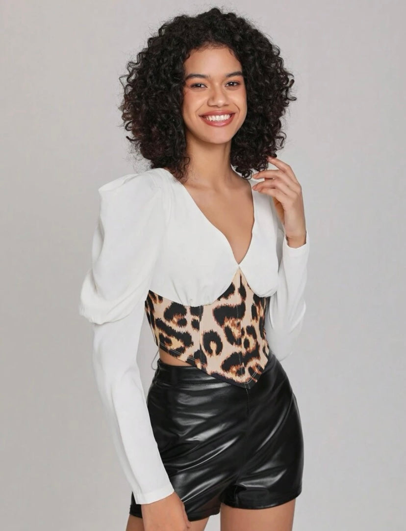 CM-TS699691 Women Casual Seoul Style Print Gigot Sleeve Bandana Hem Crop Blouse