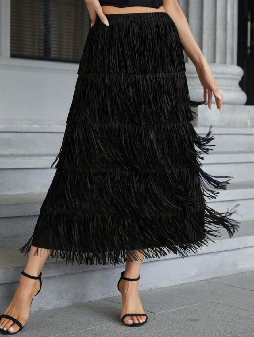 CM-BS329230 Women Elegant Seoul Style Solid Layered Fringe Trim Skirt - Black