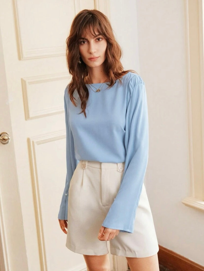 CM-TS596660 Women Elegant Seoul Style Solid Bell Sleeve Boat Neck Blouse - Blue