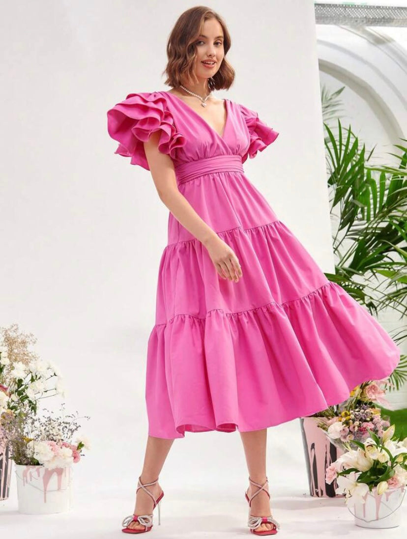 CM-DS385882 Women Elegant Seoul Style Plunging Neck Ruffle Hem Dress - Pink