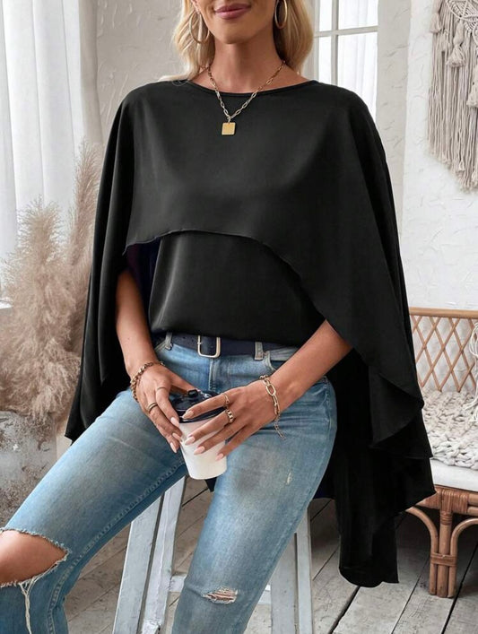 CM-TS773506 Women Casual Seoul Style Round Neck Batwing Sleeve Cape Irregular Hem Shirt