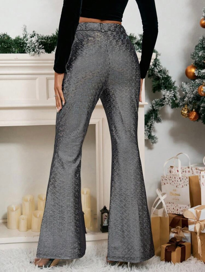 CM-BS158126 Women Elegant Seoul Style Sequin High Waist Flare Leg Pants - Silver