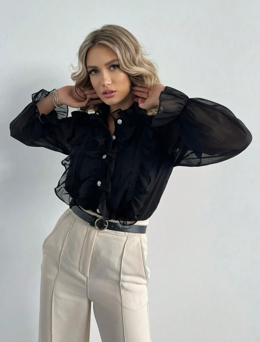 CM-TS320762 Women Elegant Seoul Style Flounce Sleeve Ruffle Trim Button Front Shirt