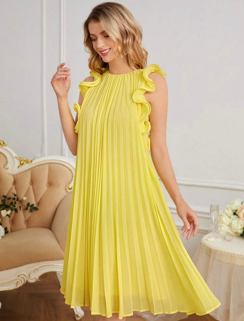 CM-DS115942 Women Elegant Seoul Style Sleeveless Ruffle Trim Pleated Dress - Yellow