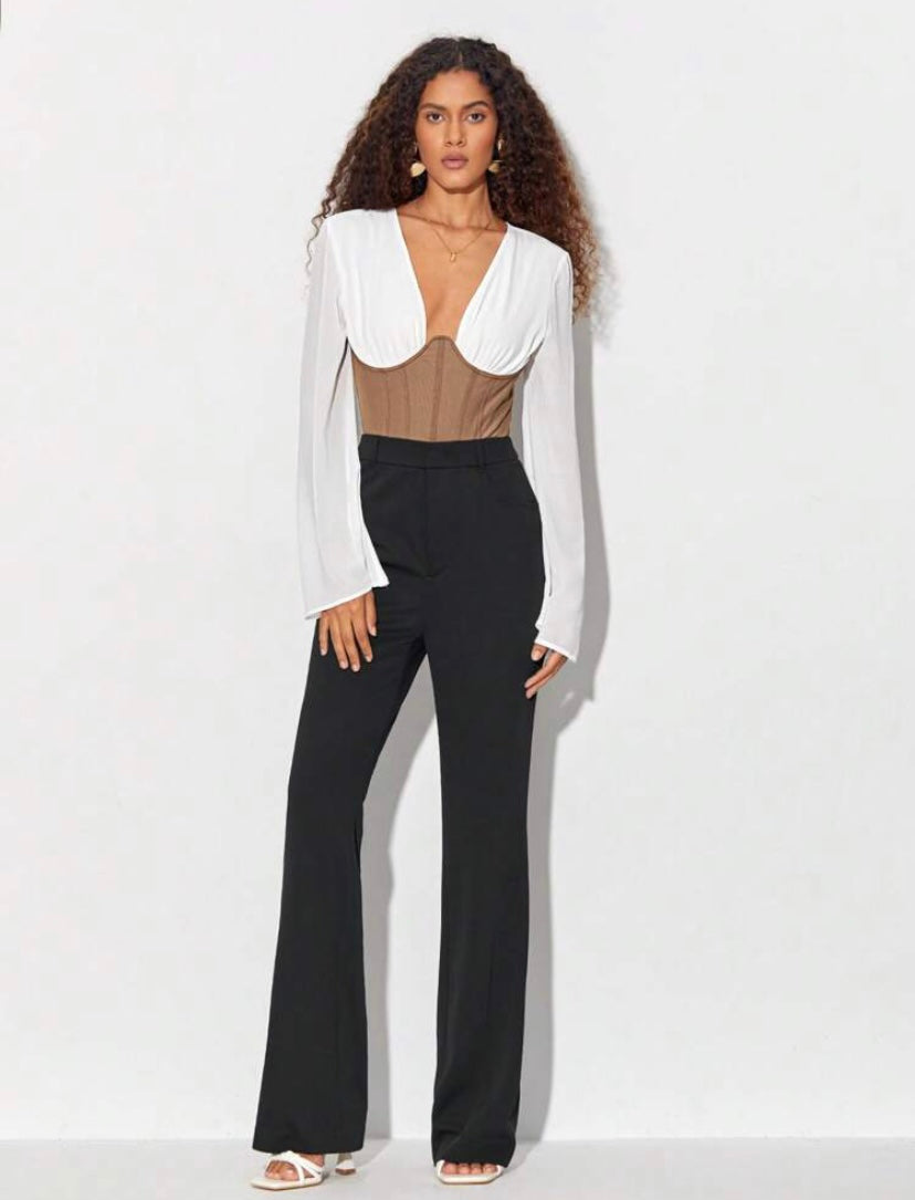 CM-TS152501 Women Elegant Seoul Style Two Tone Plunging Neck Trumpet Sleeve Bodysuit