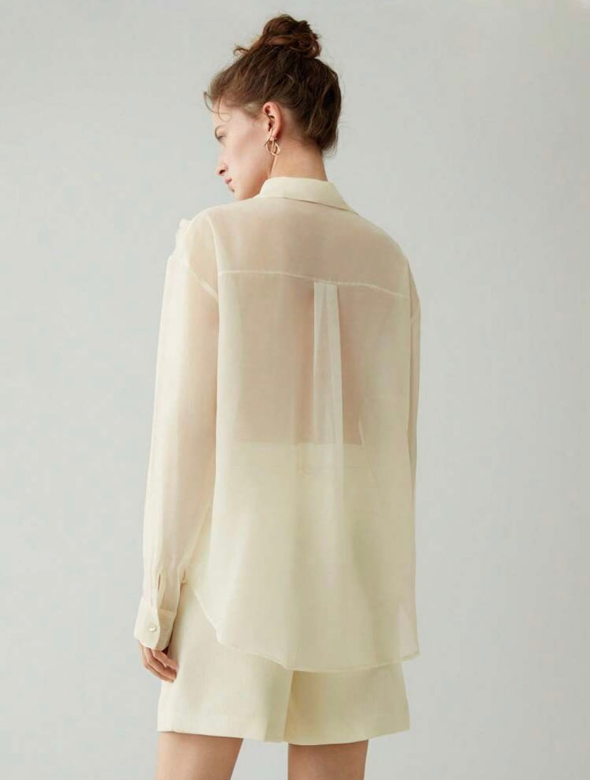 CM-TS800603 Women Casual Seoul Style Appliques Button Front Drop Shoulder Shirt