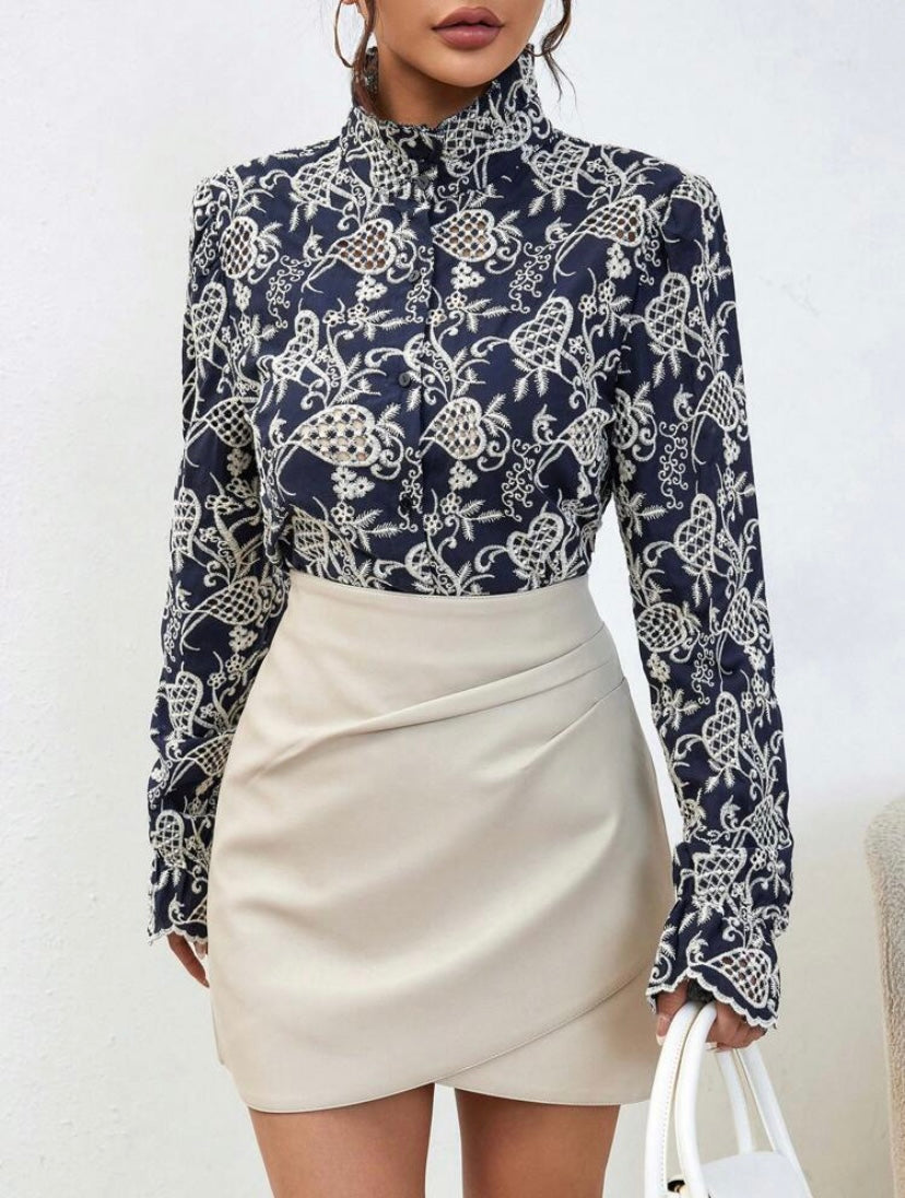 CM-TS271191 Women Trendy Bohemian Style Floral Embroidery Mock Neck Blouse - Navy Blue