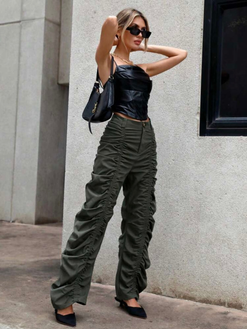 CM-BS287798 Women Trendy Bohemian Style High Waist Ruched Stacked Pants - Green