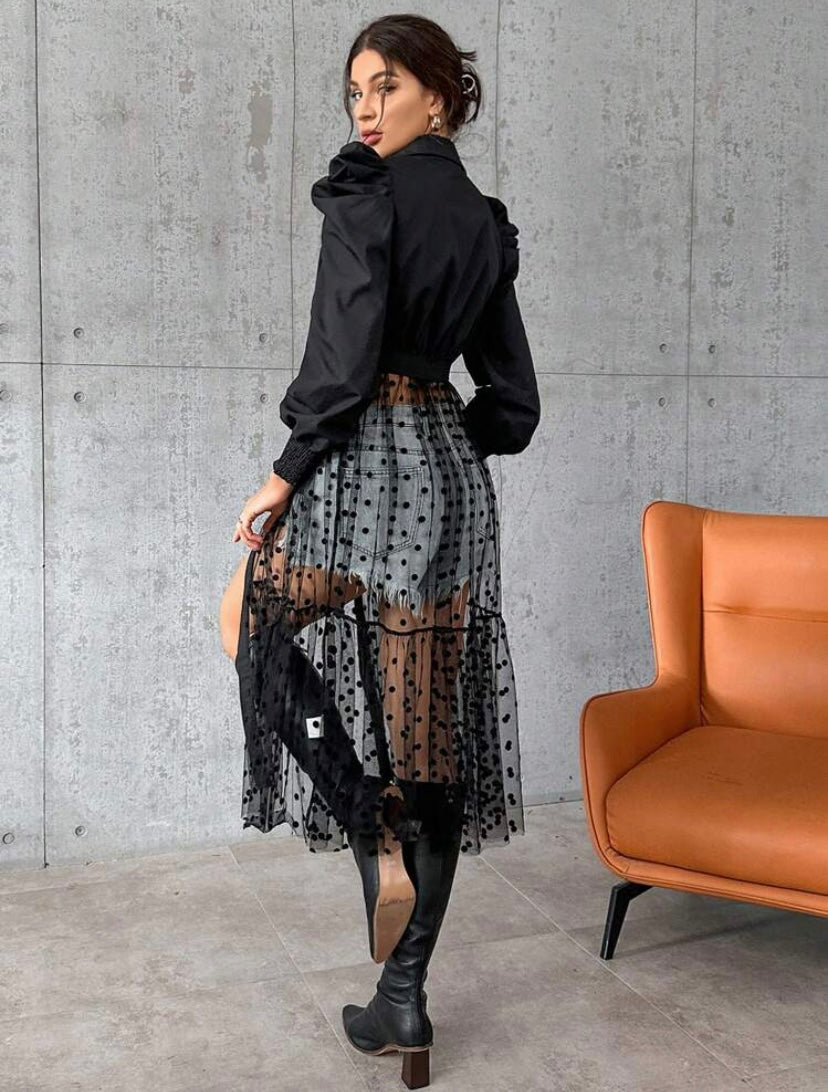 CM-TS819715 Women Casual Seoul Style Dobby Mesh Overlay Belted Blouse - Black