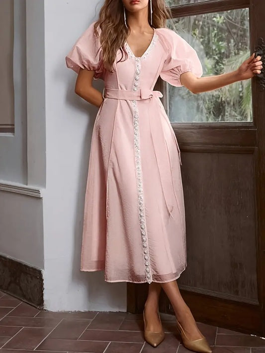 CM-DT641950 Women Elegant Seoul Style Solid Color V-Neck Bubble Sleeve Pearl Decor Midi Dress - Pink