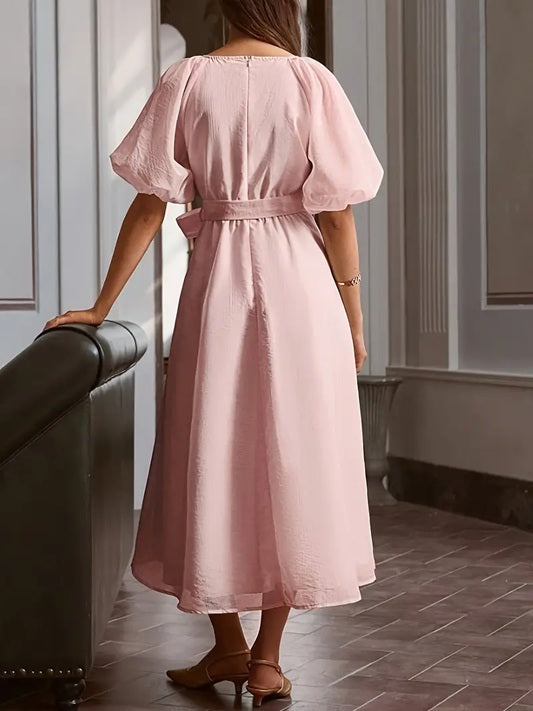CM-DT641950 Women Elegant Seoul Style Solid Color V-Neck Bubble Sleeve Pearl Decor Midi Dress - Pink